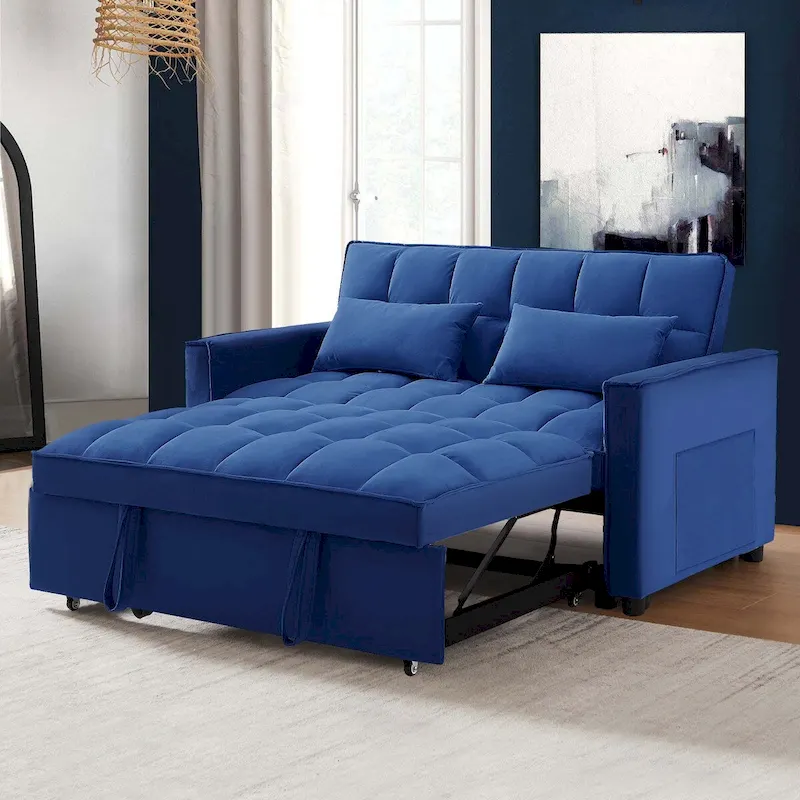 Convertible Sleeper Loveseat, 3-Position Backrest, Velvet, Foam, Side Pockets, USB, Seats 2/Twin Bed, Blue/Black/Grey