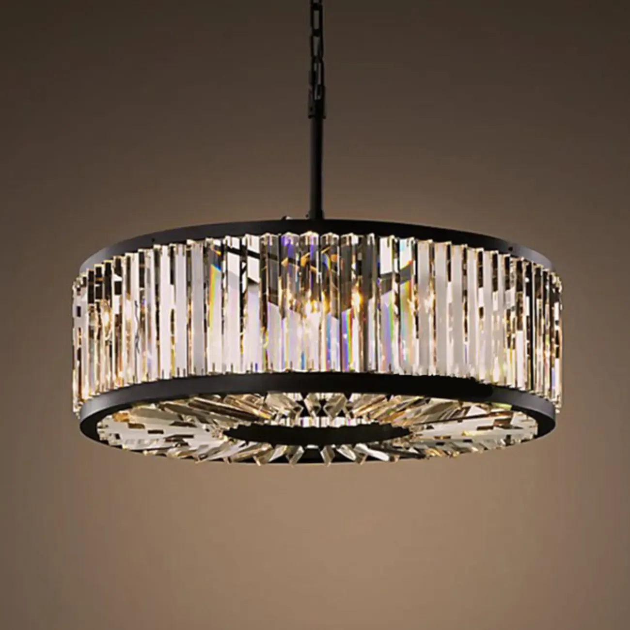 Modern Black Metal Crystal Drum Chandelier