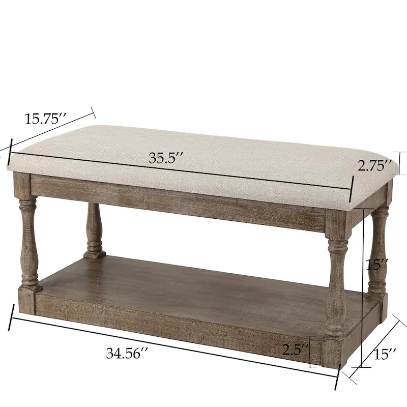 Upholstered Beige Linen Entryway and Bedroom Bench - 17.75 H x 35.5 W x 15.75 D