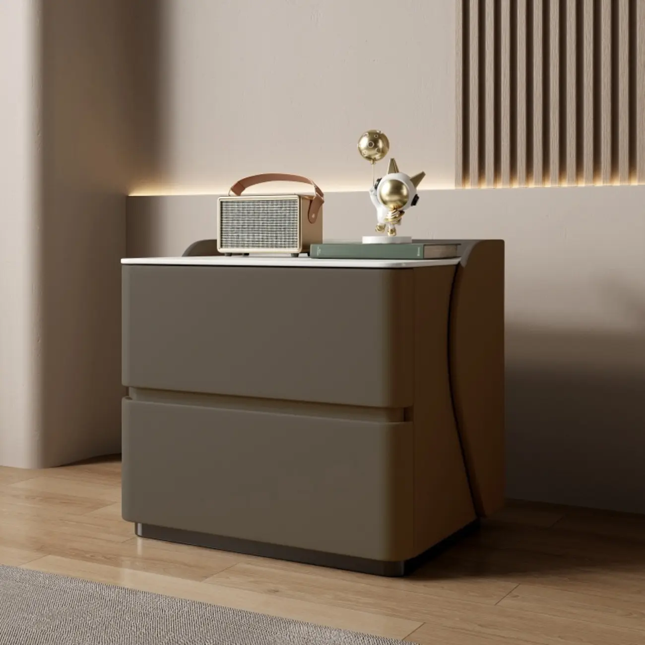 Modern Stone Top Leather Pine 2-Drawer Nightstand