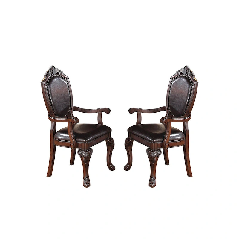 Dining Arm Chairs With Faux Leather Upholstery, Set Of 2, Dark Brown