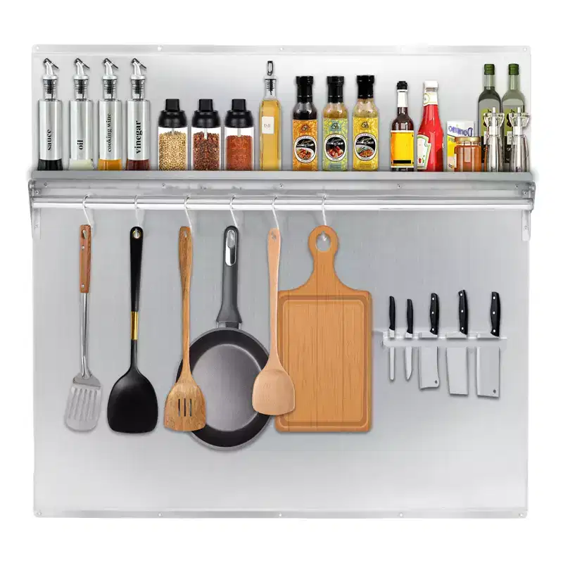 Brushed Stainless Steel Kitchen Range Backsplash with Shelf & Knife Rack – Multiple Sizes
