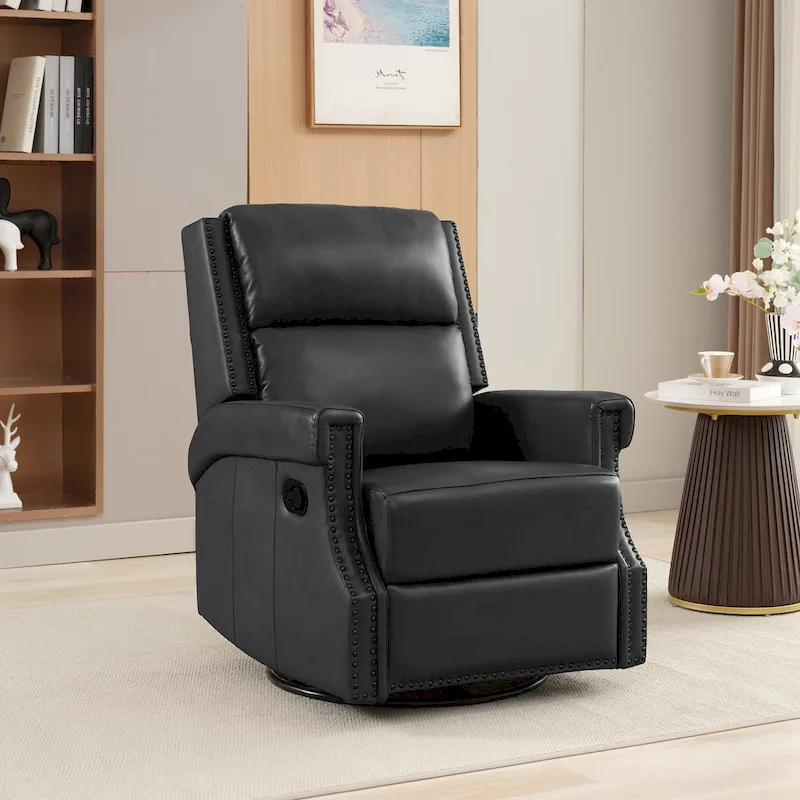 Genuine Leather Manual Rocking Recliner with 360-degree Metal Swivel Base