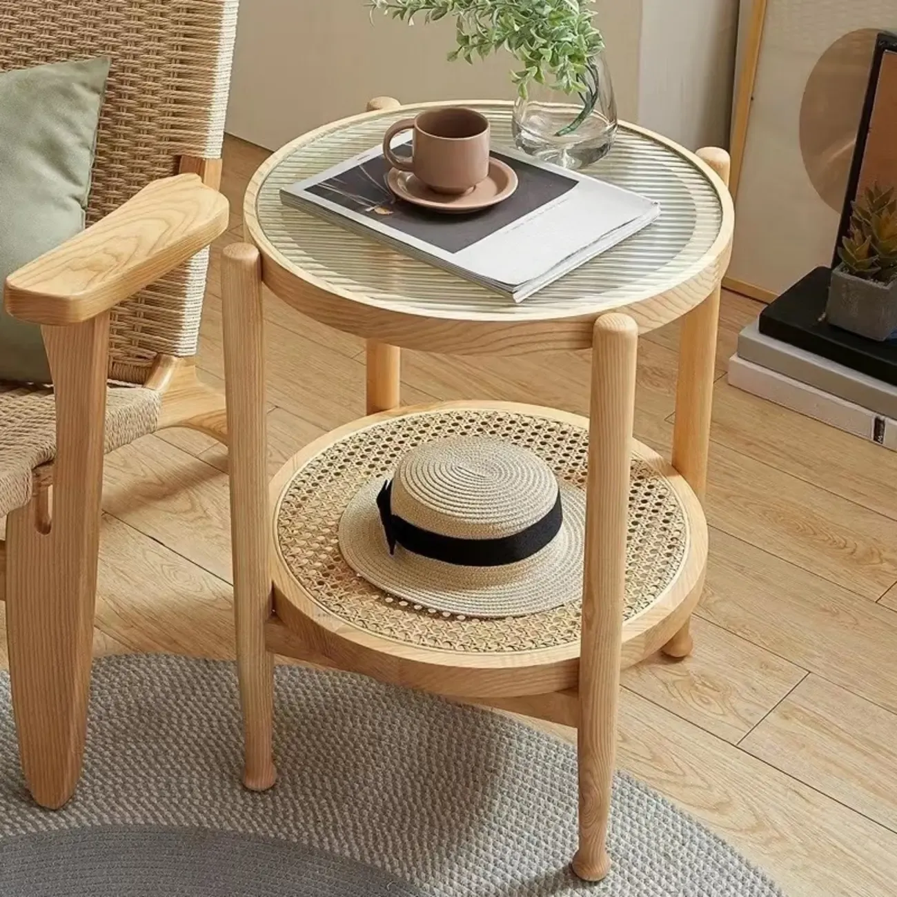 Round Natural Wood Side Table with Glass Top for Living Room