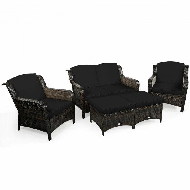 5 Pieces Patio Rattan Sofa Set with Cushion and Ottoman - 51 x 33.5 x 33 (L x W x H)