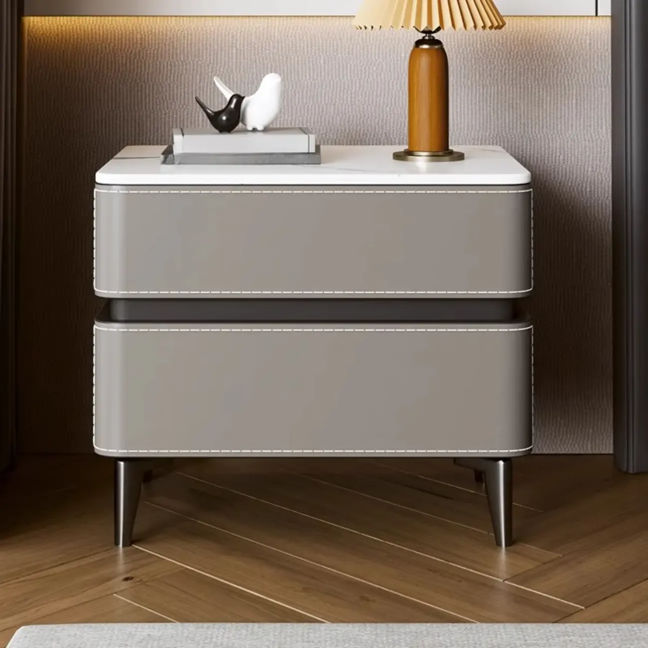 Modern Faux Leather Stone Top 2-Drawer Nightstand