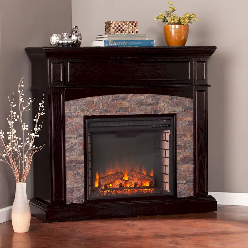 SEI Furniture Ebony Convertible Corner Electric Media Fireplace with Faux Stone Mantel