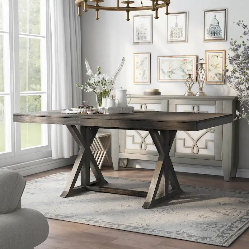 Expandable Dining Table, Rustic Farmhouse, Trestle Base, 18" Leaf, Wood, 60"-78"L x 40"W x 31"H, Grey