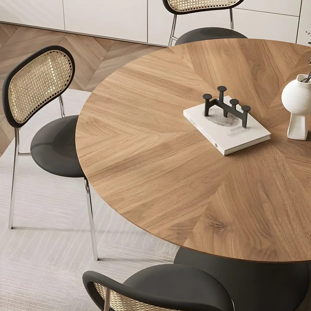 Brown Wood Round Dining Table with Black Metal Pedestal