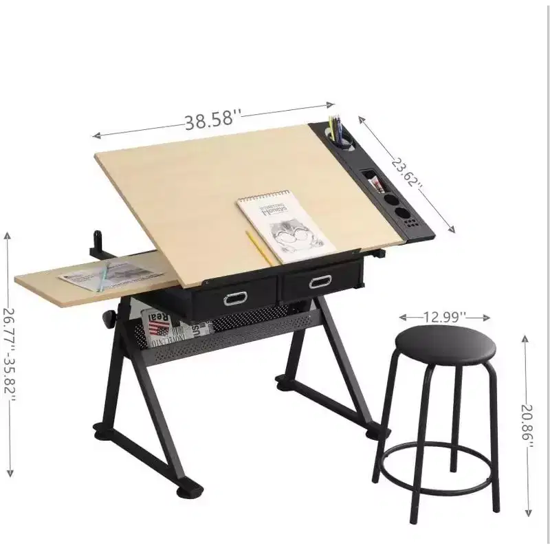 Beige / Brown Adjustable Drafting Table with Stool, 1-Person