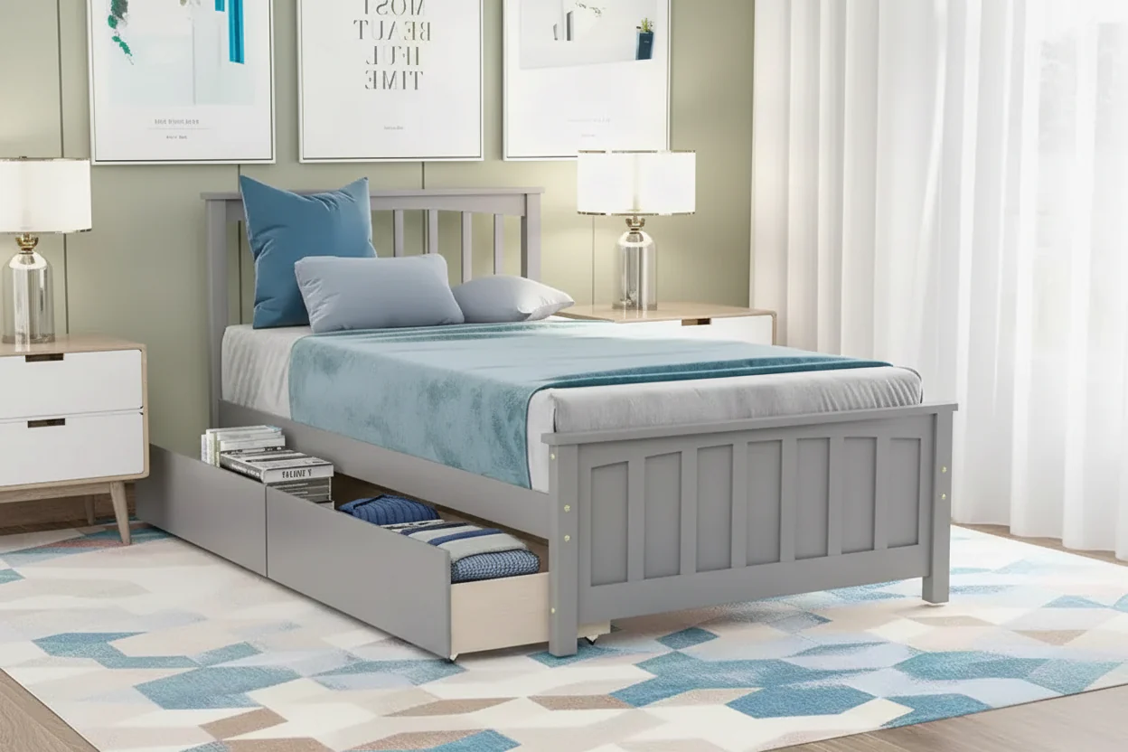 Twin Size Platform Bed with 2 Storage Drawers, Gray/White, Single