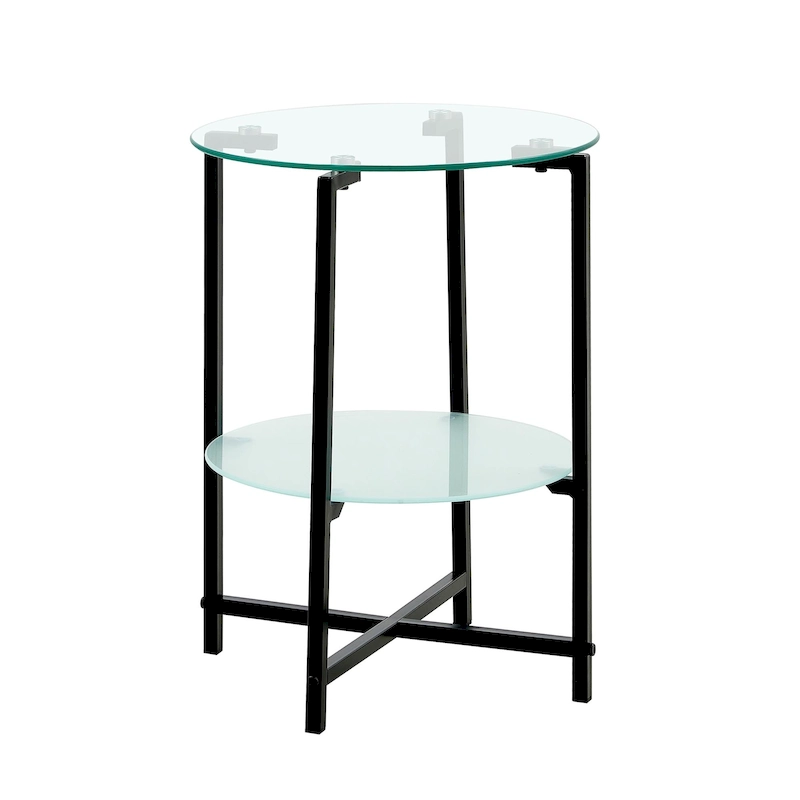 2-layer Round Tempered Glass End Table/Coffee Table with Iron Frame
