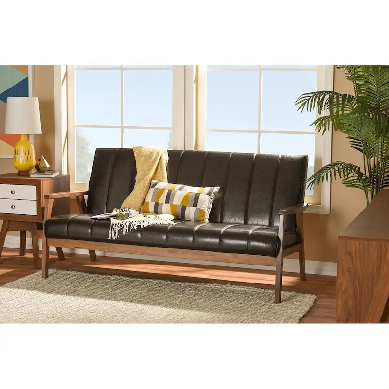 Mid-Century Modern Sofa - Dark Brown Faux Leather, Rubberwood Frame, 3-Seater, 63.98W x 31.89H