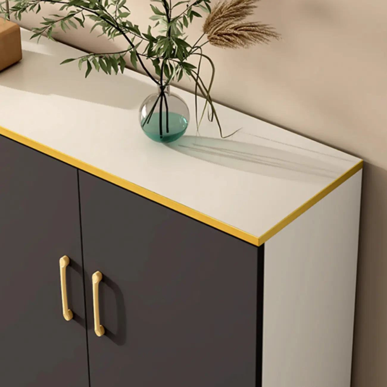 Trendy Grey Wood Hallway Shoe Cabinet with Gold Legs