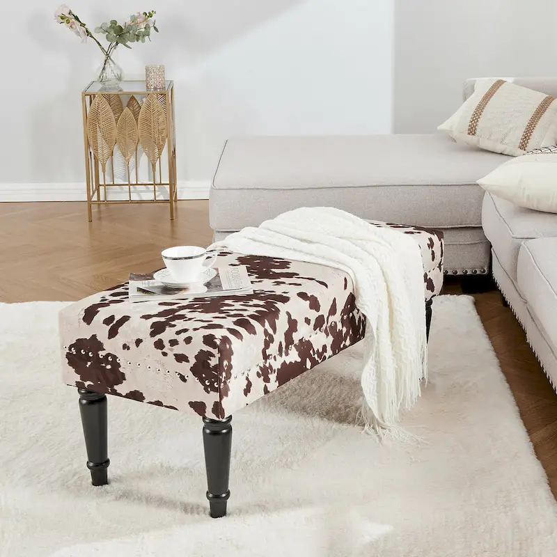 Adeco Cow Print Fabric Rectangular Bench Ottoman