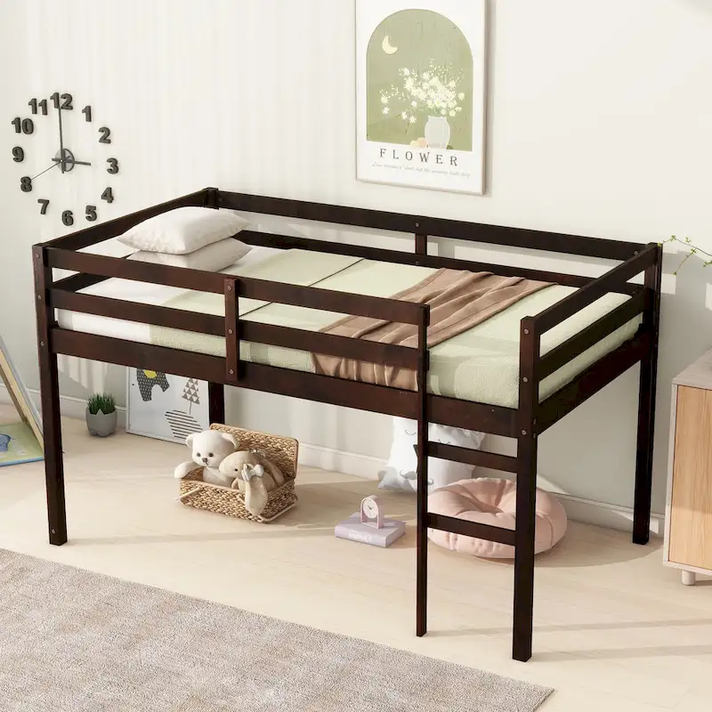 Twin Rubber Wood Loft Bed with Strengthened Slats