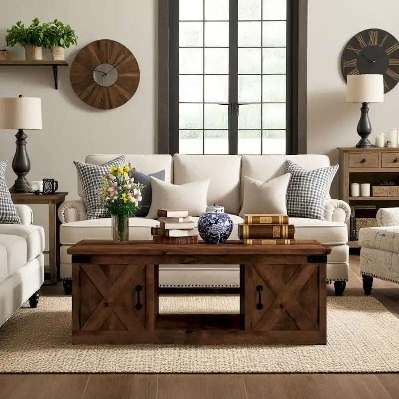 Bridgevine Home Farmhouse 48 inch Coffee Table, No Assembly Required, Aged Whiskey Finish