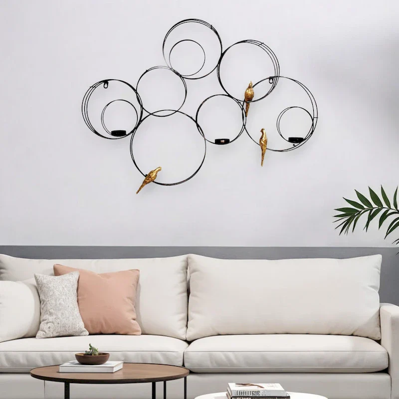 HomeRoots 32  Black And Gold Metal Circles And Birds Hanging Sculpture With Votive Holders