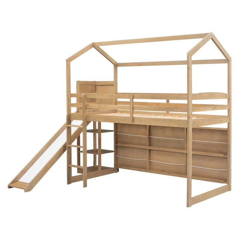 Wood Twin Wood House Loft Bed with Slide