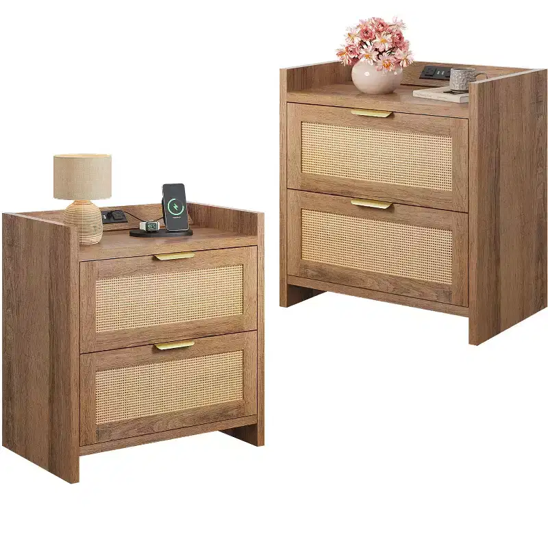 GALAXHERO Rattan Nightstands, Night Stand with Charging Station Boho Bed Side Table with 2 Drawers, End Tables Bedroom, Living Room