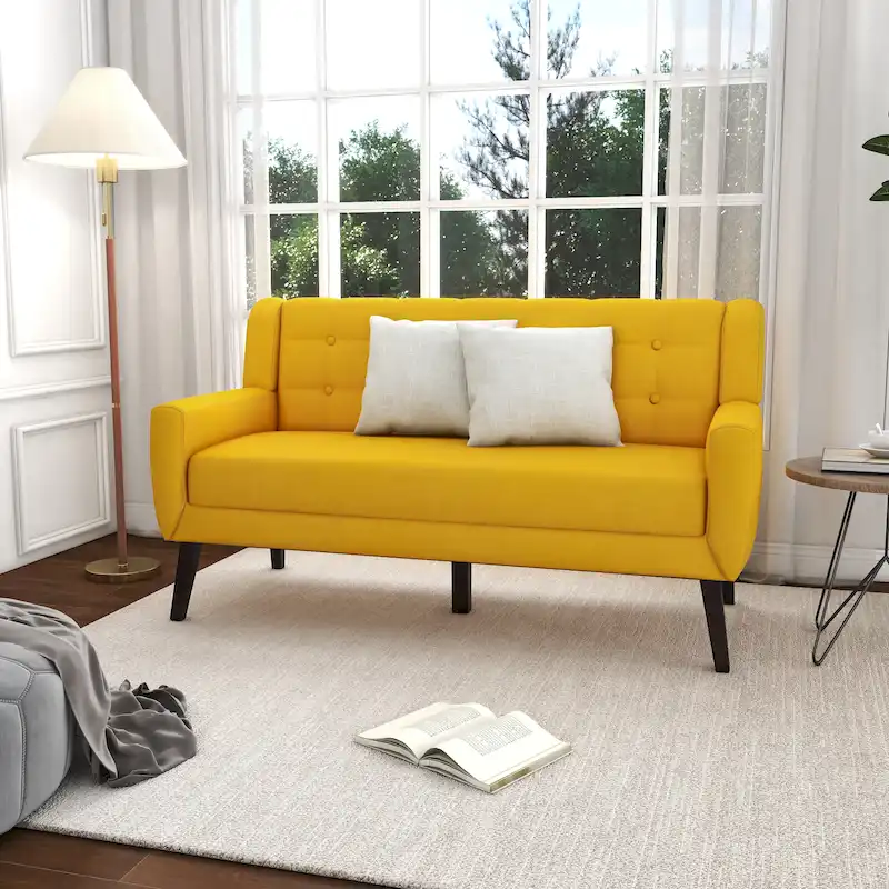 Modern Curved 63 Button Tufted Upholstered Loveseat with 2 Pillows