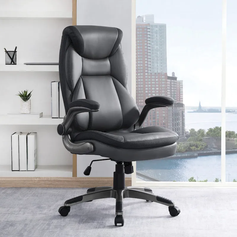 Executive Bonded Leather Office Chair with Lumbar Support, Locking Tilt and Flip Arms – Taupe / Black / Charcoal, for 1 Person