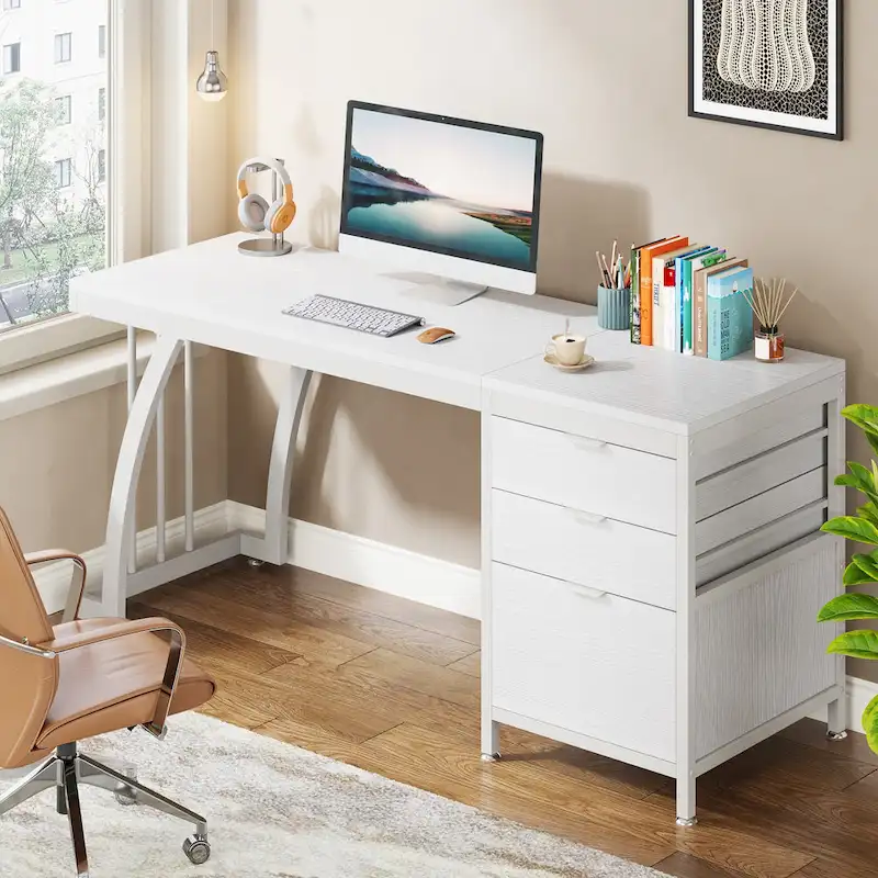 59-inch Wood/ Metal Computer Desk Writing Table with 3 Reversible Drawers