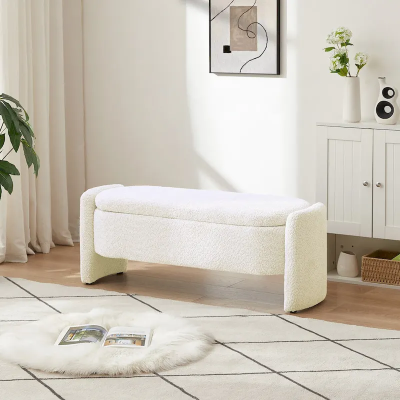 Ottoman Oval Storage Bench 3D Lamb Fleece Fabric Bench with Large Storage Space for the Living Room, Entryway and Bedroom