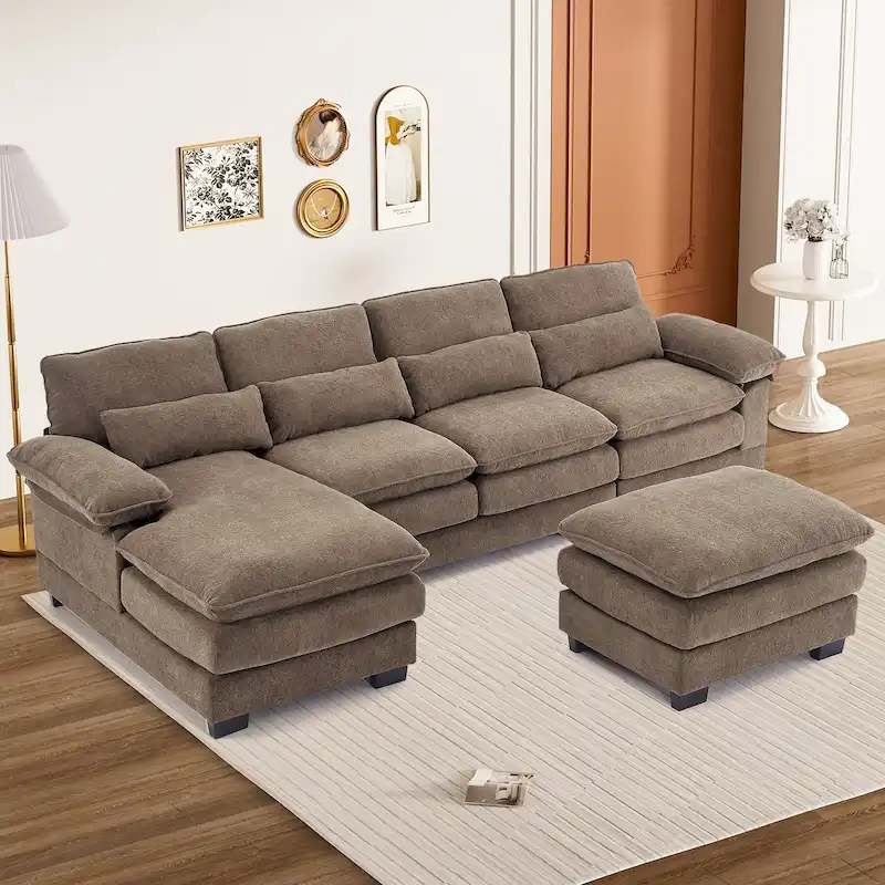 Ouyessir Soft Chenille Fabric U-shaped Sectional Sofa Set with Doudle Layer Cushion
