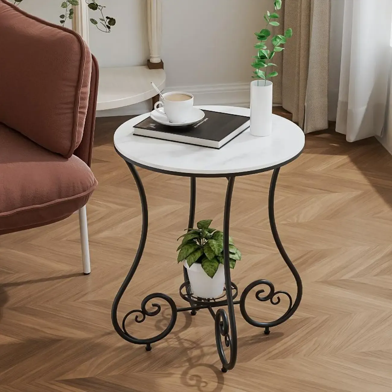 Modern Gloss Finish Steel Marble-Top Round Side Table