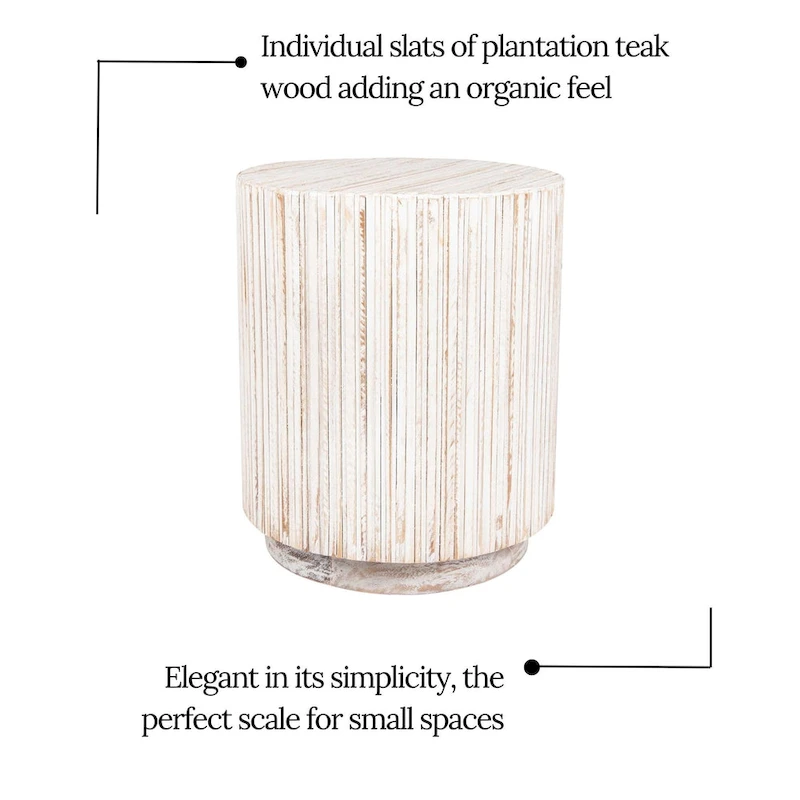 Distressed White Teak Wood Plank Drum Table by East at Main