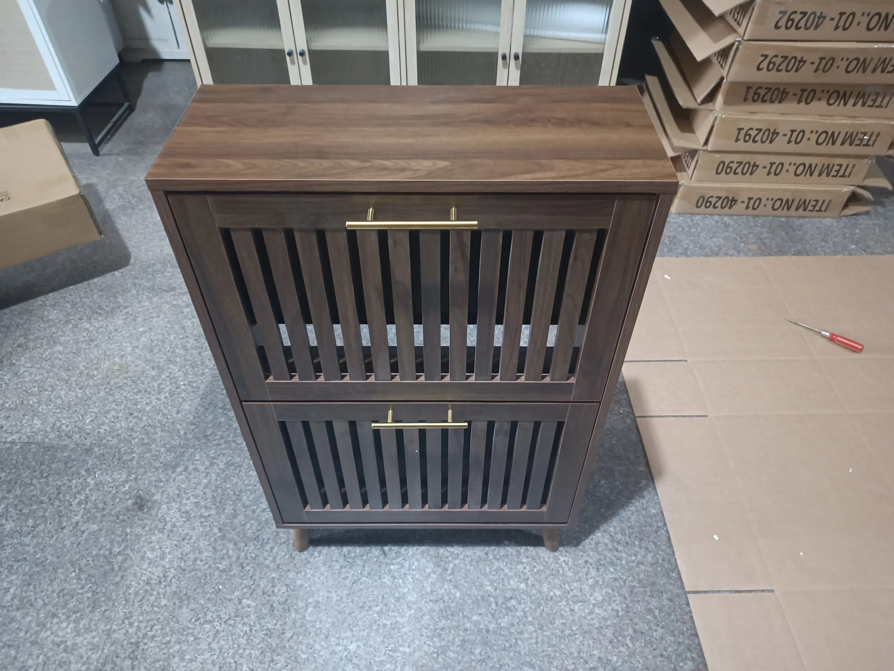 Medieval Modern Walnut Shoe Rack Entryway Cabinet