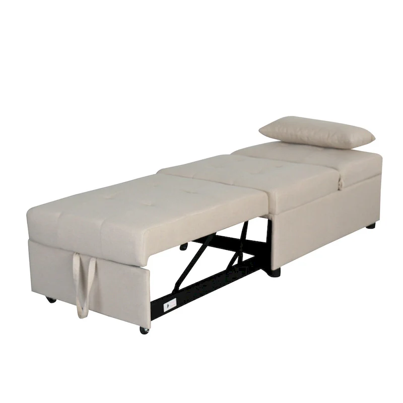 Beige Single Folding Ottoman Sofa Bed with Adjustable Back