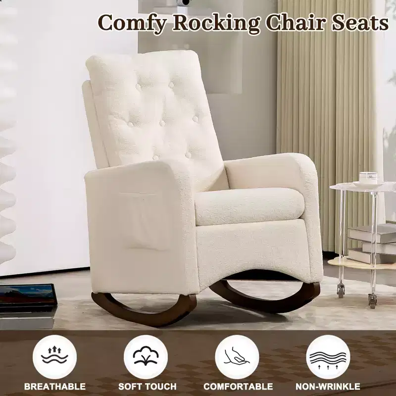 Upholstered Rocking Chair, Modern Wingback Accent Rocking Chair, Comfy Accent Armchair Chair, Rubber Wood Legs, High Backrest and Side Pocket