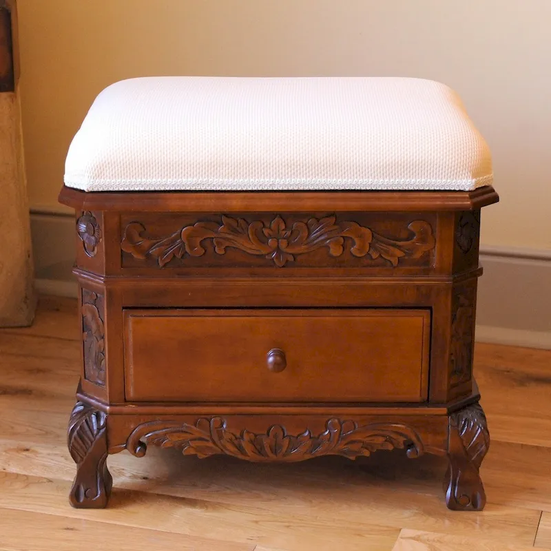 Carved Wood Upholstered Vanity Stool