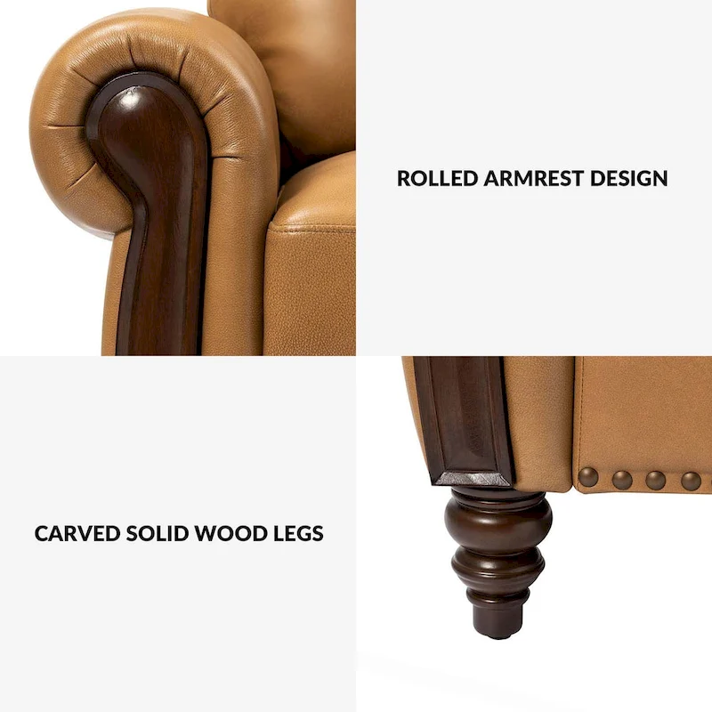 Eduard 84 Traditional Genuine Leather Sofa with Carved Wood Legs by HULALA HOME