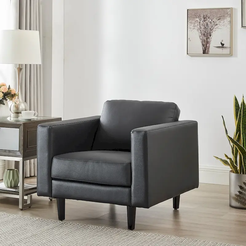 Genuine Leather Accent Chair, Black/Tan, Mid-Century Modern, High-Density Cushion, Seats 1