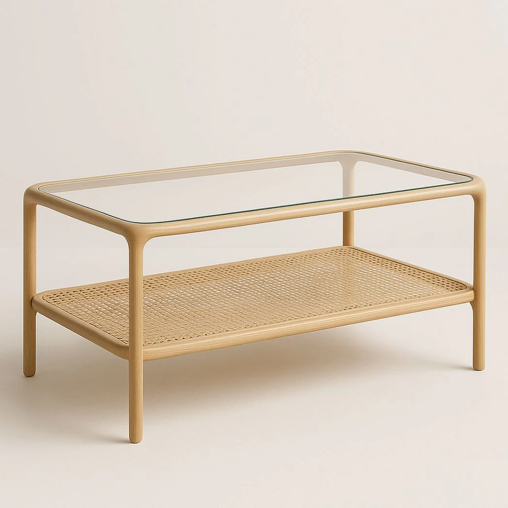 Table basse rectangulaire en verre trempé/bois avec étagère en rotin 110x60x45 cm