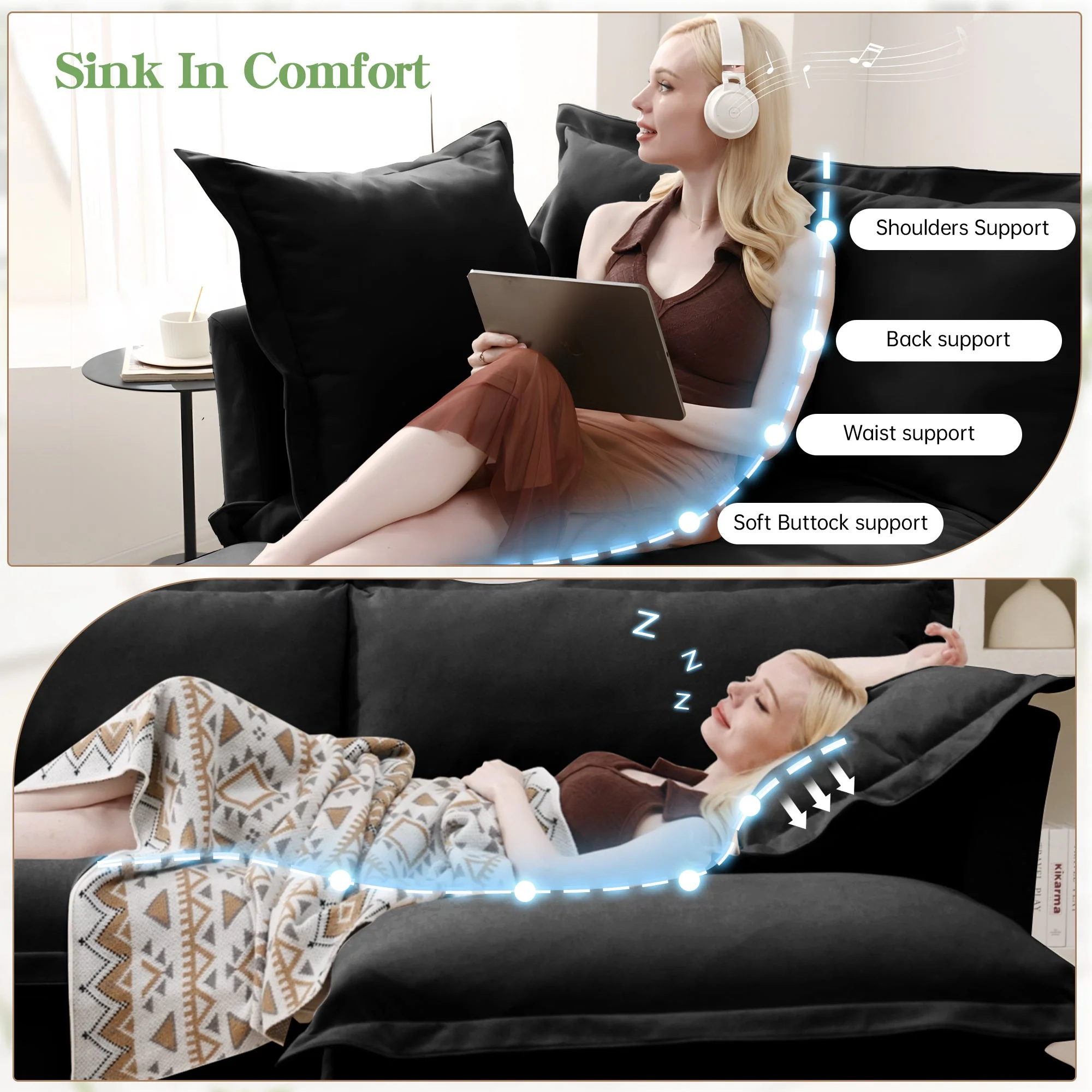 Walker Edison | Wide Deep Seat Slipcovered Black Loveseat Sofa with Ottoman