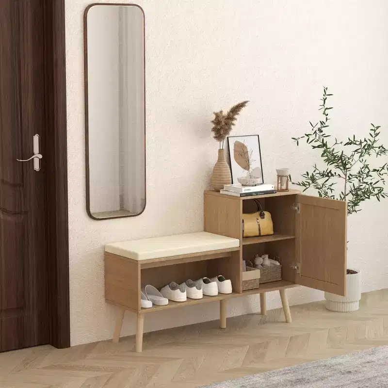 GDFStudio Tracey 2-in-1 Shoe Storage Bench with Faux Rattan Doors and Cushioned Seat