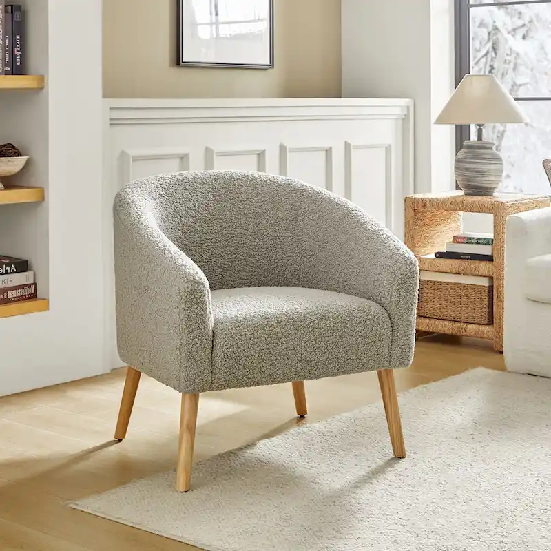 Modern 31W Boucle Armchair with Solid Wood Legs