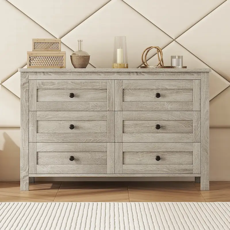 Retro Farmhouse Style Wooden Dresser with 6 Drawer, Storage Cabinet for Bedroom