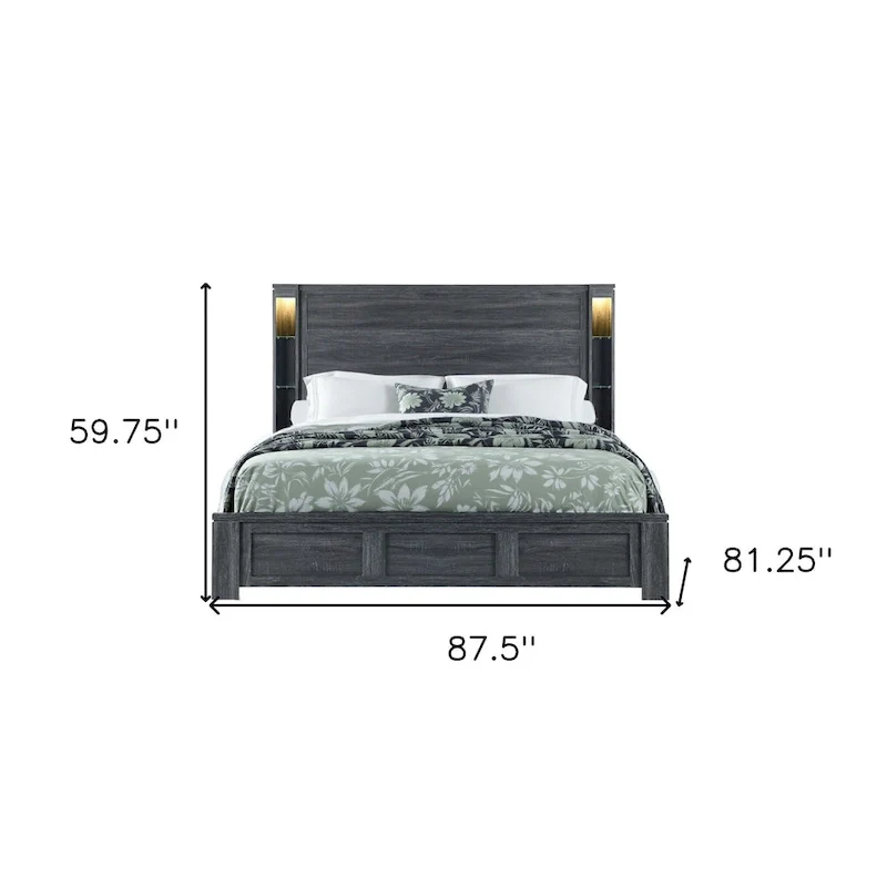 Dark Gray Distressed Wood Lighted King Bed Frame