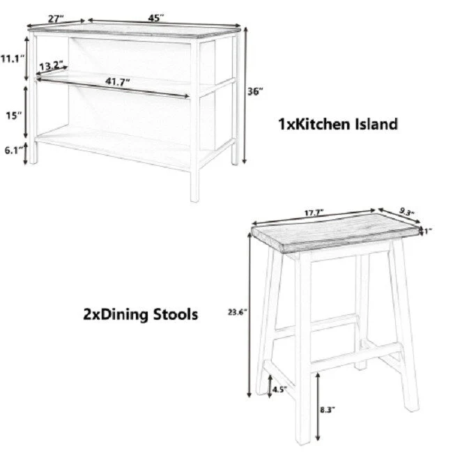 Rustic 3-Piece Solid Wood Kitchen Island Set  45 Stationary Butcher Block Table With Two Seating Stools & Dual Open Shelves.