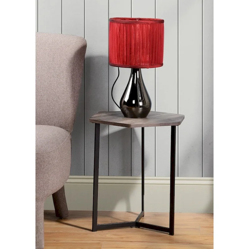 Dark Wood Finish Top Hexigon Side Table with Metal Base
