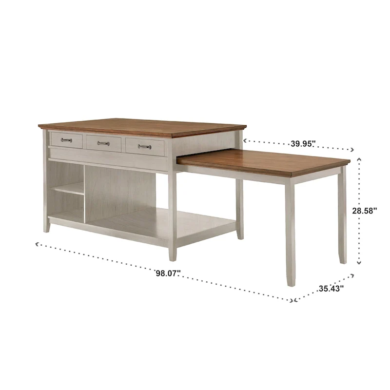 Two-Tone Antique Finish Extendable Kitchen Island with 3 Drawers