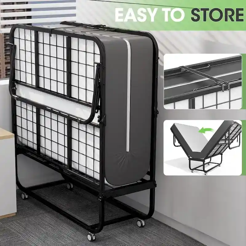 Roll away Space-Saving Sturdy Metal Frame Folding Guest Bed with 5 Thick Mattress