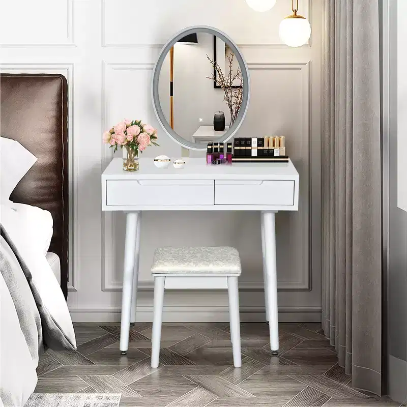 Costway Vanity Makeup Table Touch Screen 3 Lighting Modes Dressing Table Stool Set White\Black\ Gray