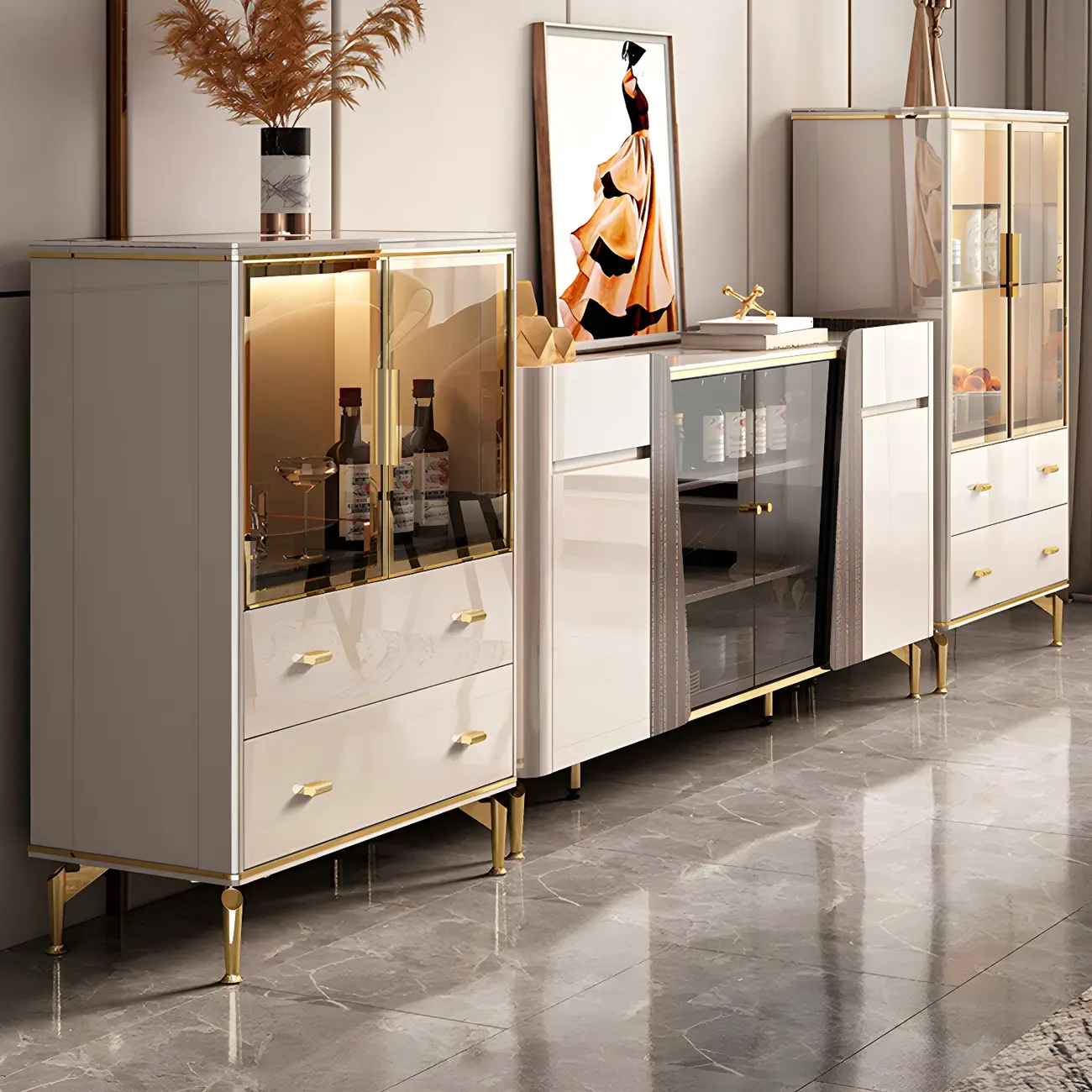 White Wood Gold Legs Adjustable Shelves Display Cabinet