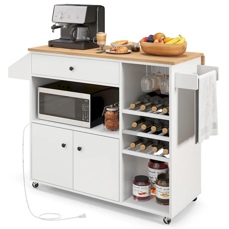 Gymax Kitchen Island Cart w/ Drop-Leaf & Power Outlet Microwave Shelf